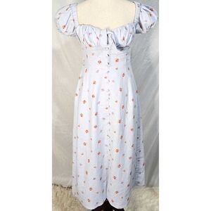 Altar'd State Midi Dress Blue Floral Milkmaid Linen Cottagecore Puff Sleeve